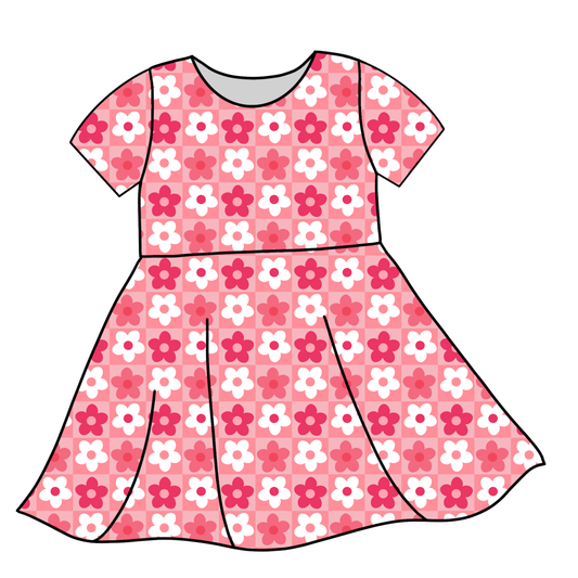 Handmade Twirl Dress Bright Pink Checkered Floral